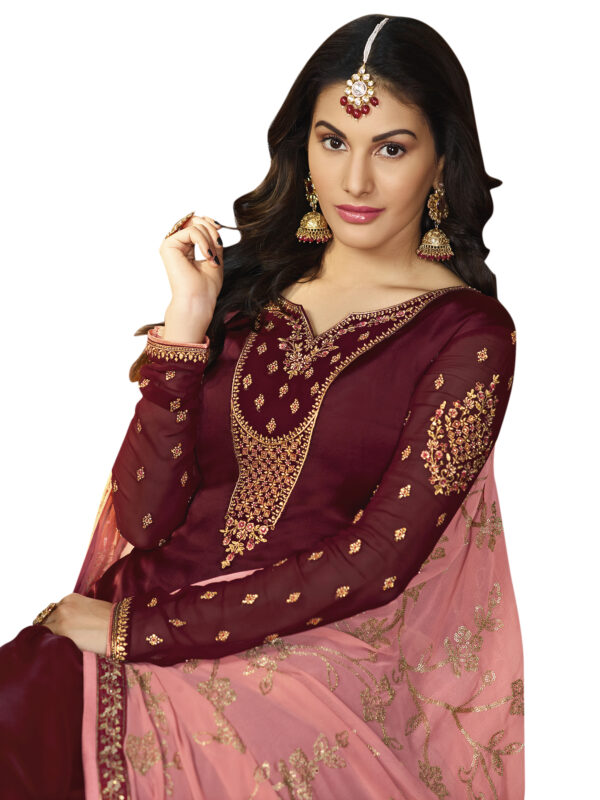 Stylee Lifestyle Maroon Satin Embroidered Dress Material