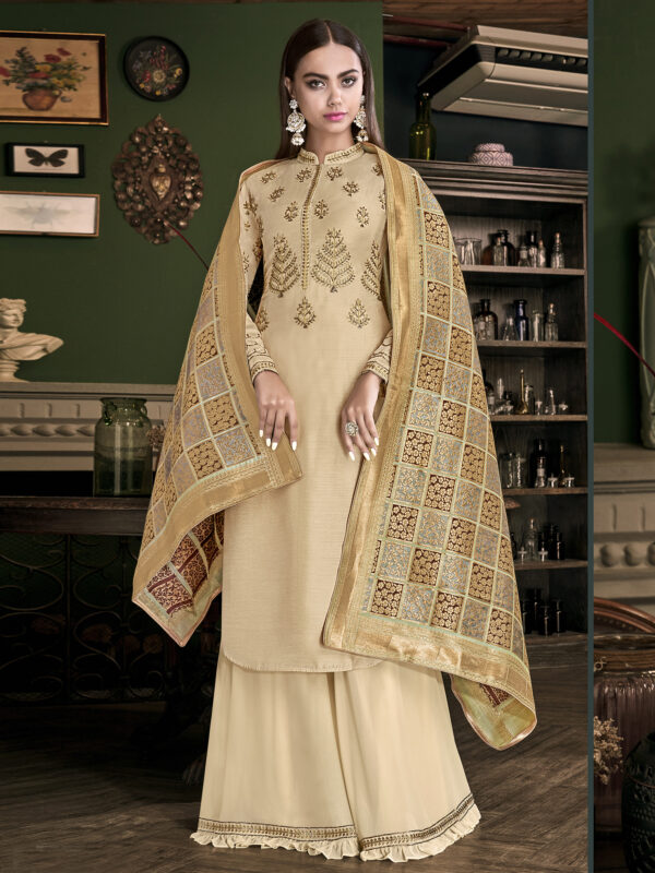 Stylee Lifestyle Beige Satin Embroidered Dress Material