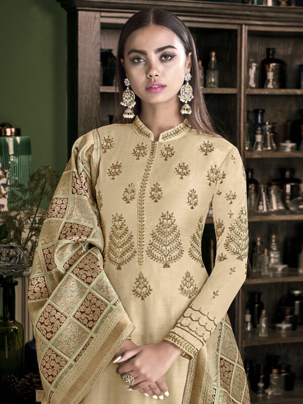 Stylee Lifestyle Beige Satin Embroidered Dress Material