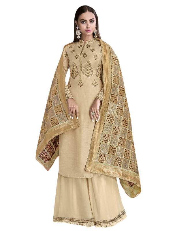 Stylee Lifestyle Beige Satin Embroidered Dress Material