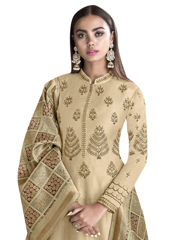 Stylee Lifestyle Beige Satin Embroidered Dress Material