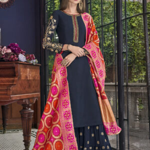 Stylee Lifestyle Navy Blue Chanderi Silk Embroidered Dress Material