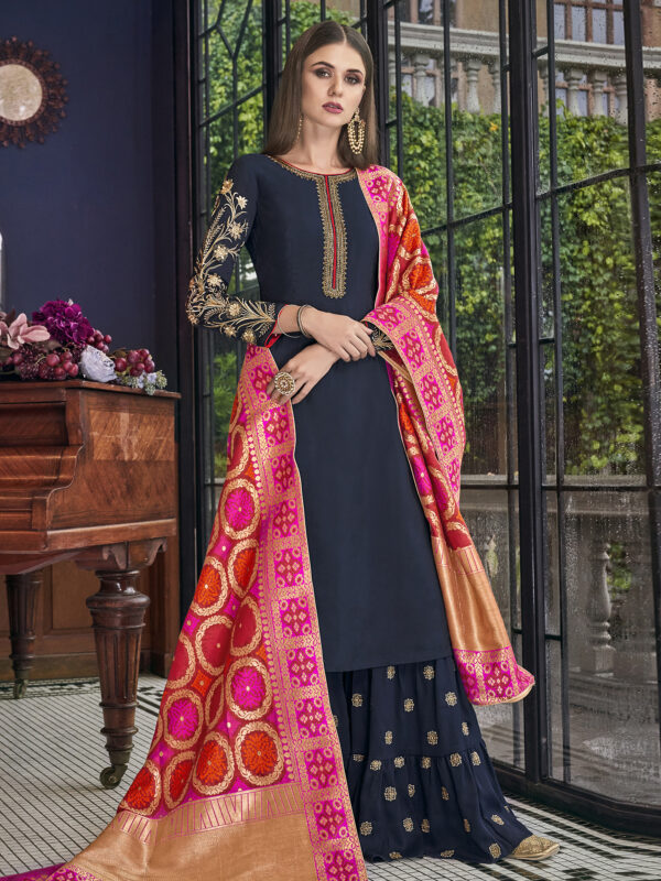 Stylee Lifestyle Navy Blue Chanderi Silk Embroidered Dress Material