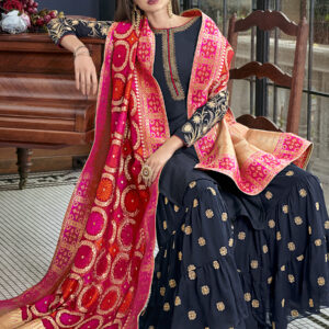 Stylee Lifestyle Navy Blue Chanderi Silk Embroidered Dress Material