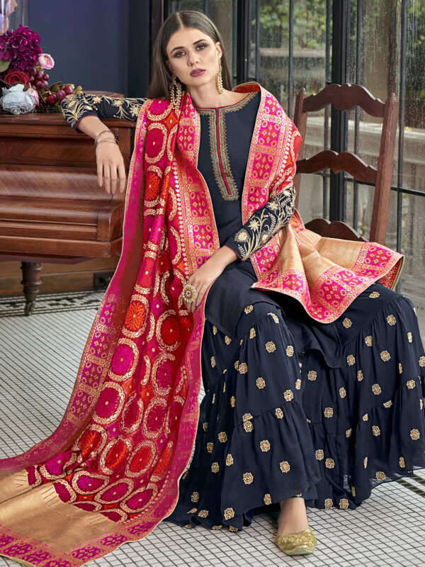 Stylee Lifestyle Navy Blue Chanderi Silk Embroidered Dress Material