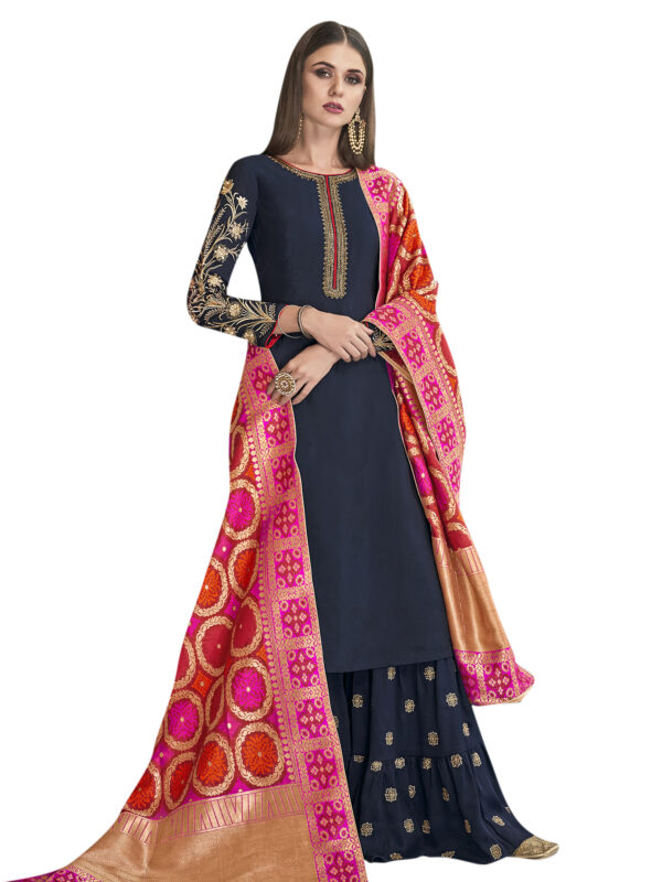 Stylee Lifestyle Navy Blue Chanderi Silk Embroidered Dress Material