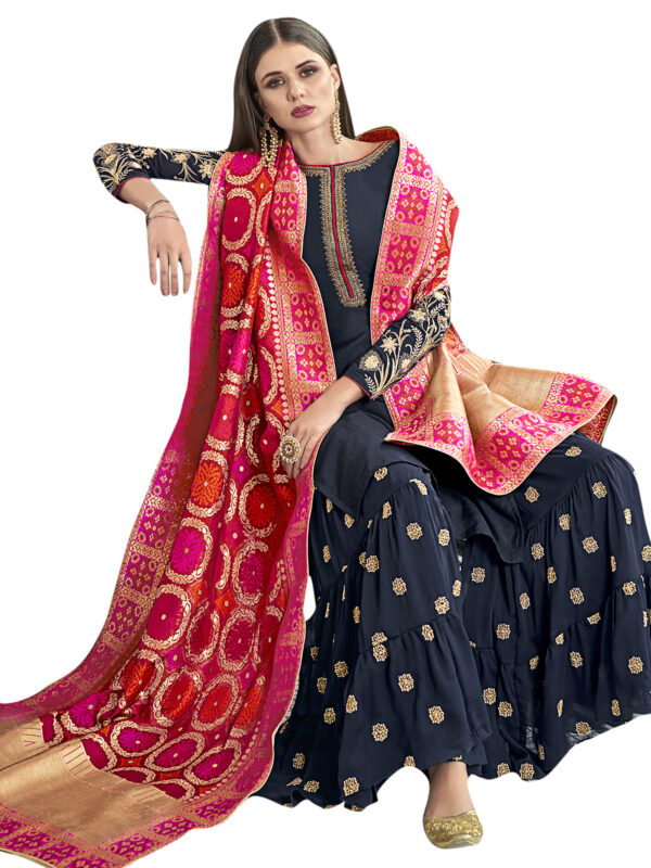 Stylee Lifestyle Navy Blue Chanderi Silk Embroidered Dress Material