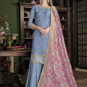 Stylee Lifestyle Blue Satin Embroidered Dress Material