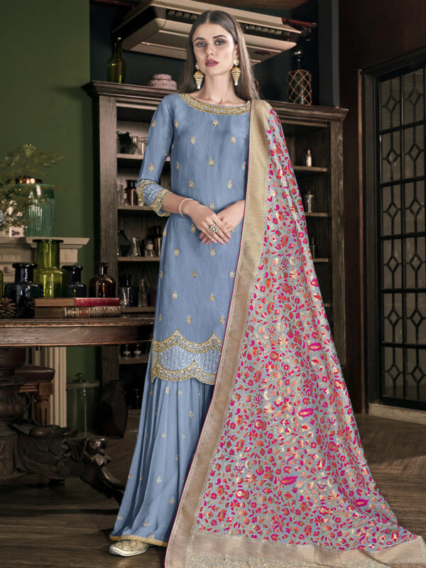 Stylee Lifestyle Blue Satin Embroidered Dress Material