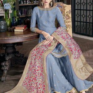 Stylee Lifestyle Blue Satin Embroidered Dress Material