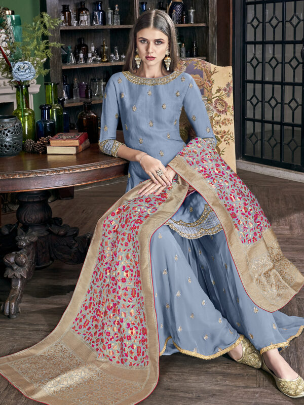 Stylee Lifestyle Blue Satin Embroidered Dress Material