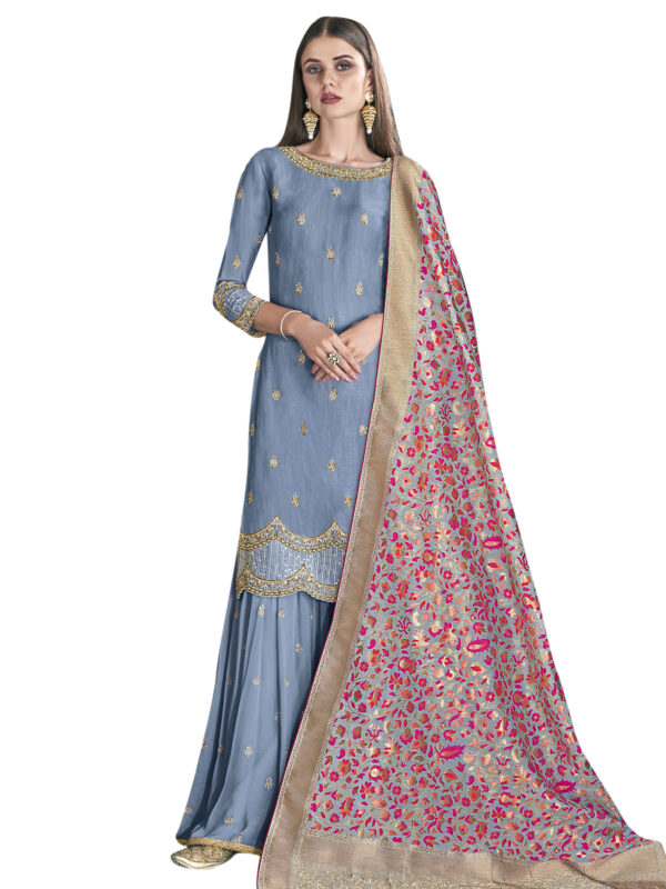 Stylee Lifestyle Blue Satin Embroidered Dress Material