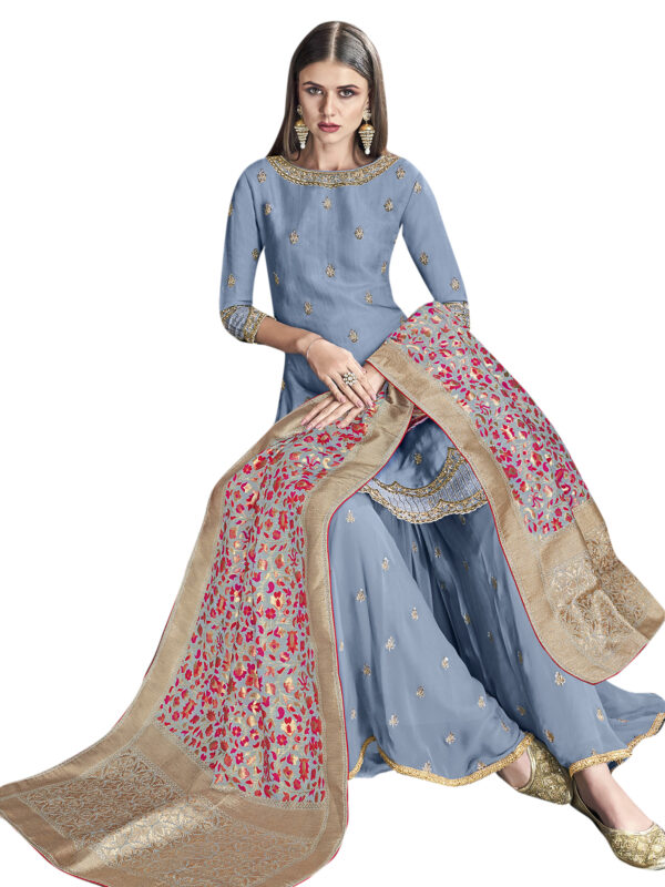 Stylee Lifestyle Blue Satin Embroidered Dress Material