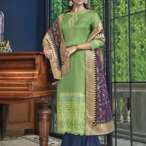 Stylee Lifestyle Green Satin Embroidered Dress Material