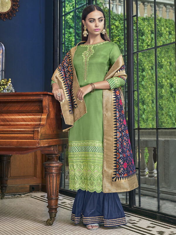 Stylee Lifestyle Green Satin Embroidered Dress Material