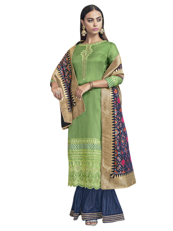 Stylee Lifestyle Green Satin Embroidered Dress Material