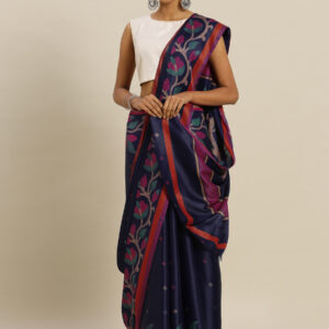Stylee Lifestyle Navy Blue Tussar Silk Printed Saree