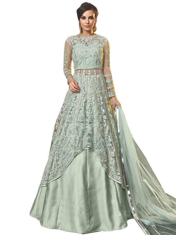 Stylee Lifestyle Green Net Embroidered Dress Material