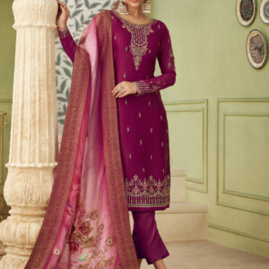 Stylee Lifestyle Wine Satin Embroidered Dress Material