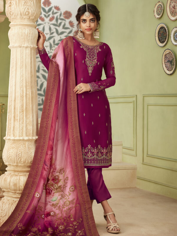 Stylee Lifestyle Wine Satin Embroidered Dress Material