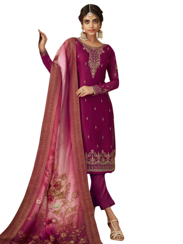 Stylee Lifestyle Wine Satin Embroidered Dress Material