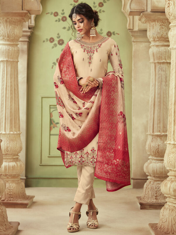 Stylee Lifestyle Beige Satin Embroidered Dress Material