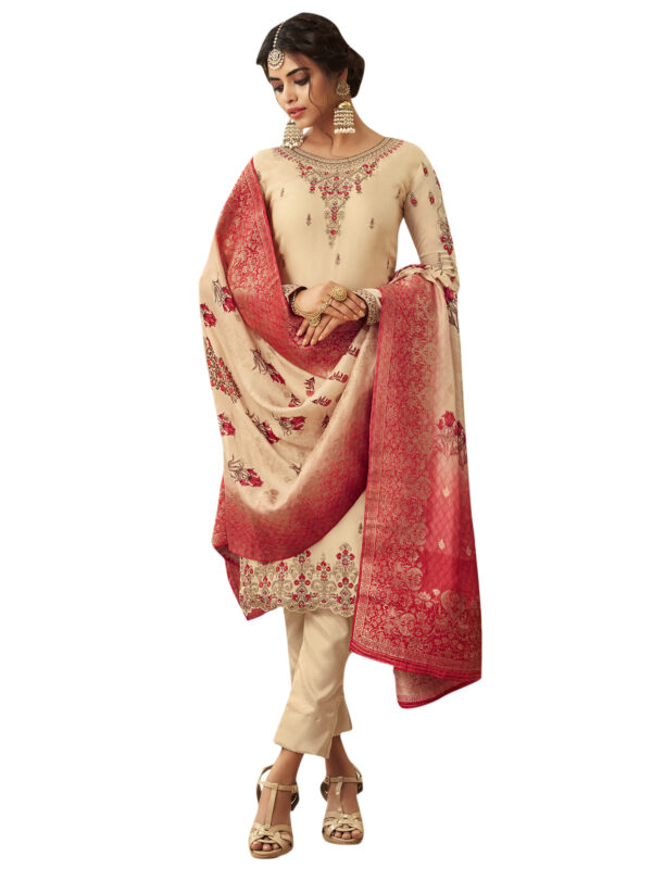 Stylee Lifestyle Beige Satin Embroidered Dress Material