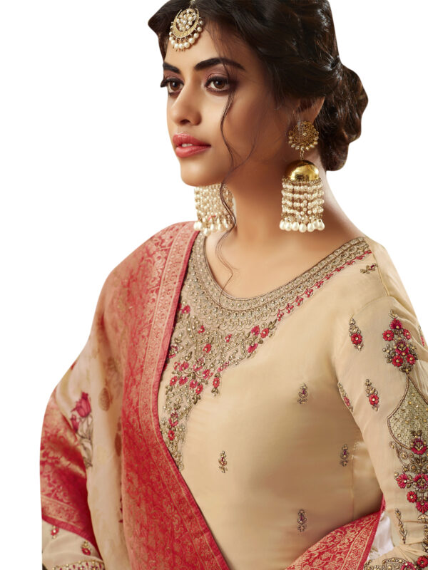 Stylee Lifestyle Beige Satin Embroidered Dress Material