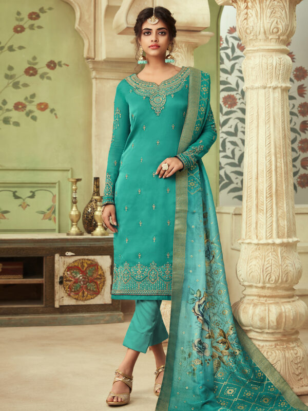 Stylee Lifestyle Green Satin Embroidered Dress Material