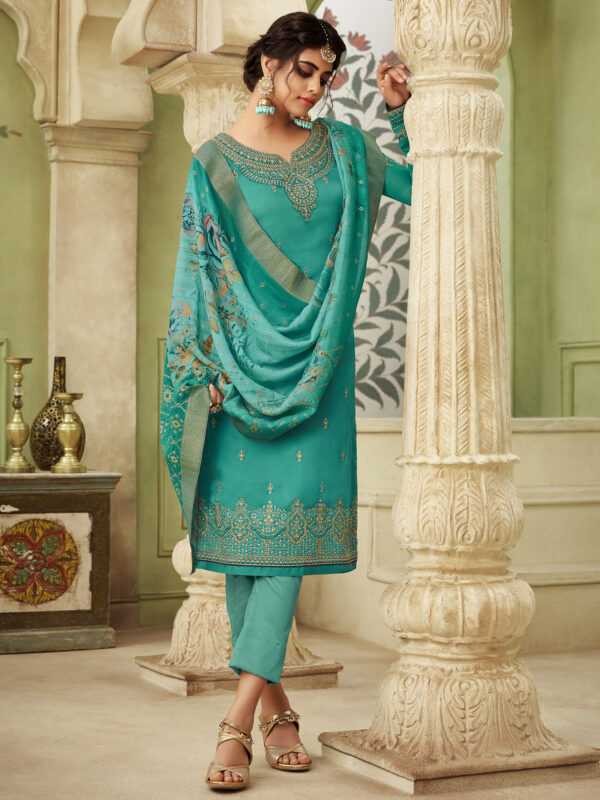 Stylee Lifestyle Green Satin Embroidered Dress Material