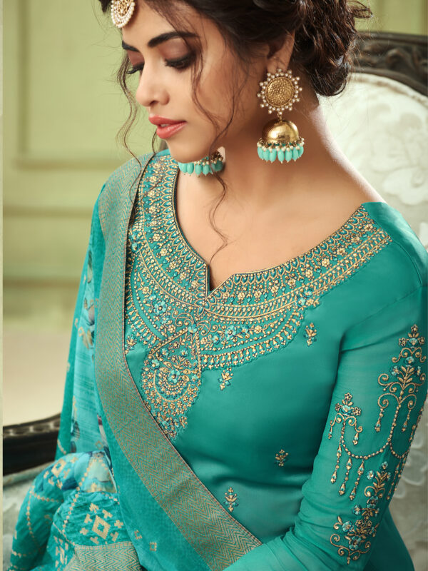 Stylee Lifestyle Green Satin Embroidered Dress Material