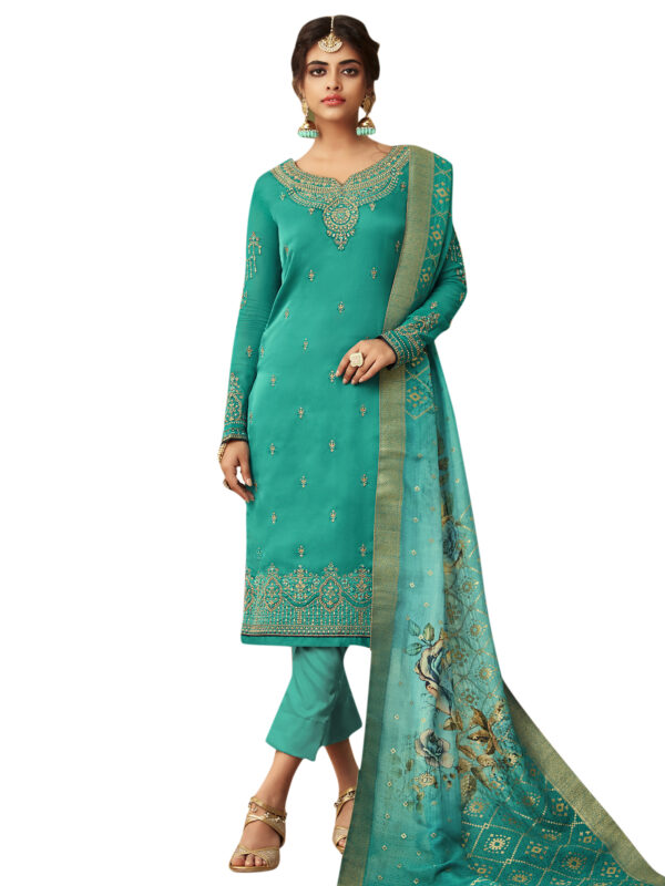 Stylee Lifestyle Green Satin Embroidered Dress Material