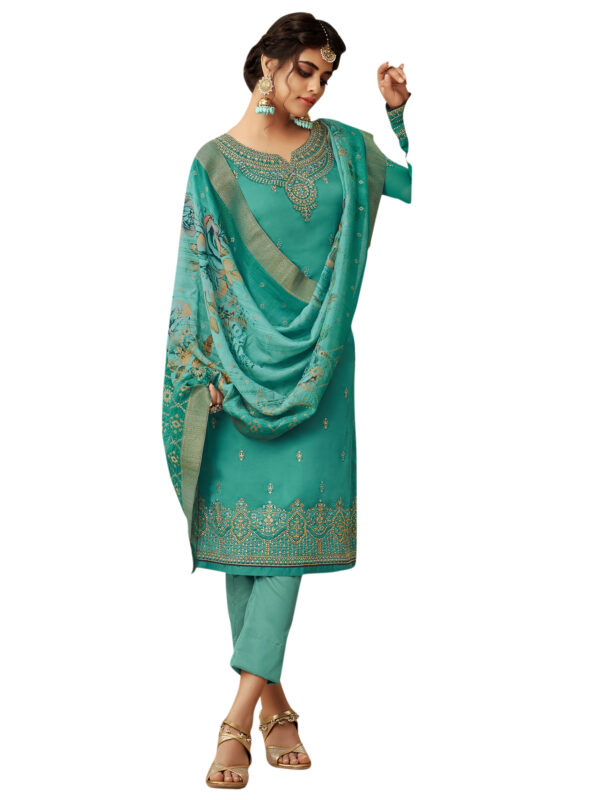 Stylee Lifestyle Green Satin Embroidered Dress Material