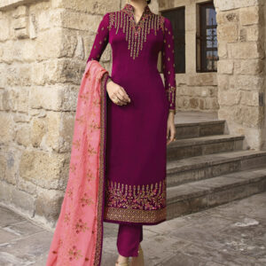 Stylee Lifestyle Wine Satin Embroidered Dress Material
