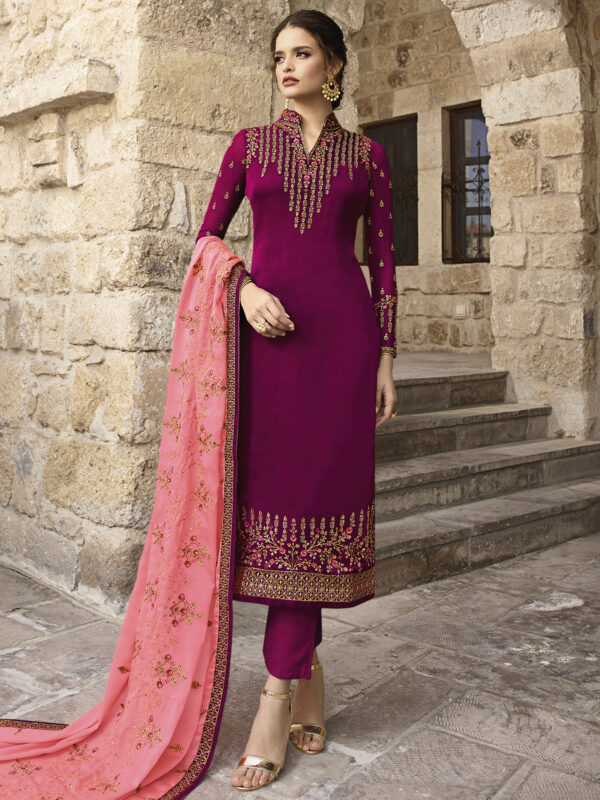 Stylee Lifestyle Wine Satin Embroidered Dress Material