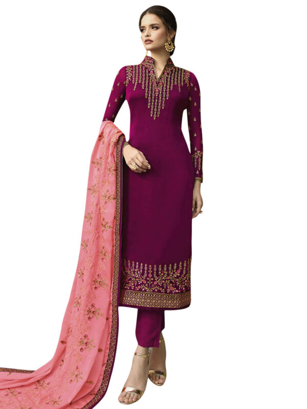 Stylee Lifestyle Wine Satin Embroidered Dress Material