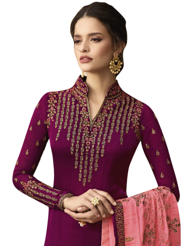 Stylee Lifestyle Wine Satin Embroidered Dress Material