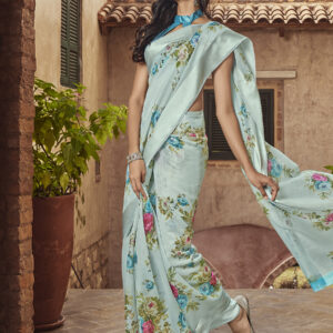 Stylee Lifestyle Sky Blue Linen Printed Saree