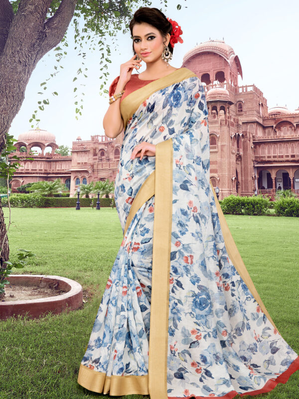 Stylee Lifestyle Blue Cotton Blend Printed Saree