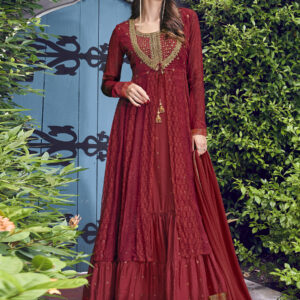Stylee Lifestyle Maroon Chiffon Embroidered Gown