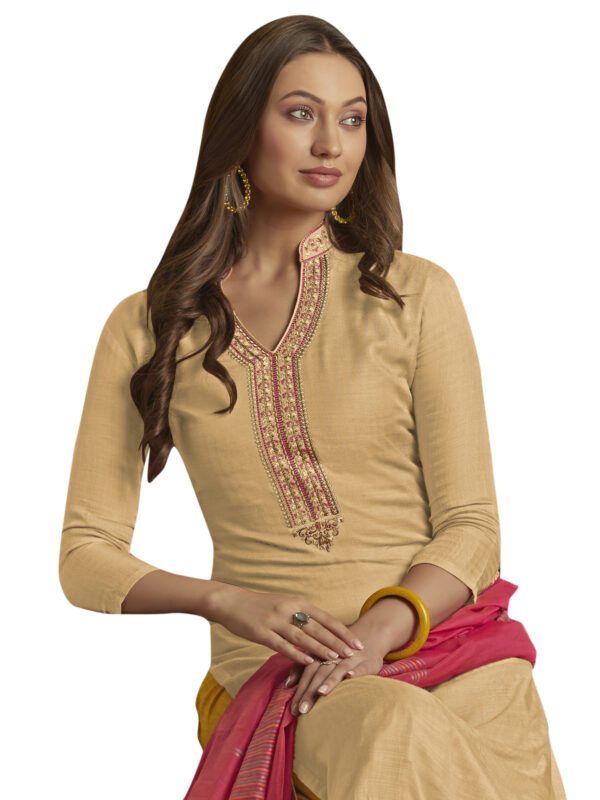 Stylee Lifestyle Beige Muslin Embroidered Dress Material