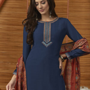 Stylee Lifestyle Navy Blue Muslin Embroidered Dress Material