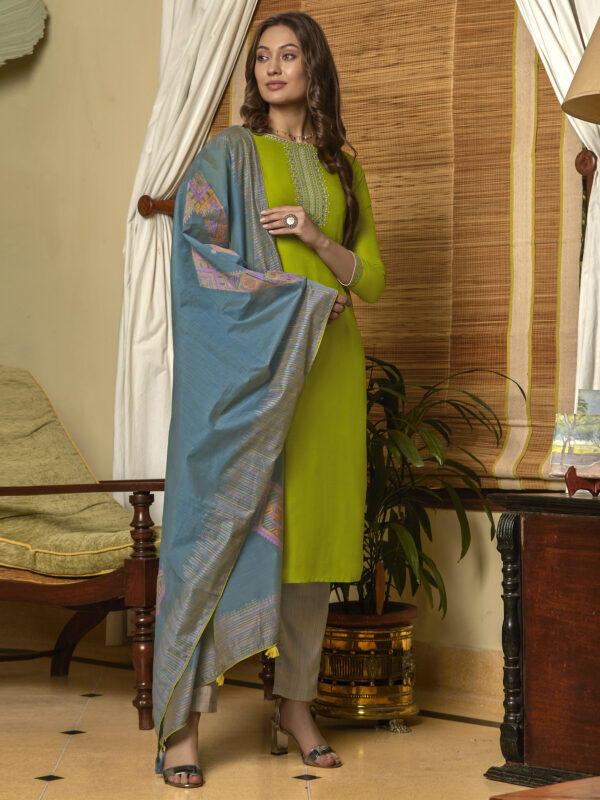 Stylee Lifestyle Green Muslin Embroidered Dress Material