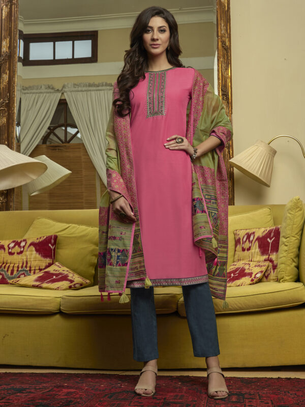 Stylee Lifestyle Pink Muslin Embroidered Dress Material