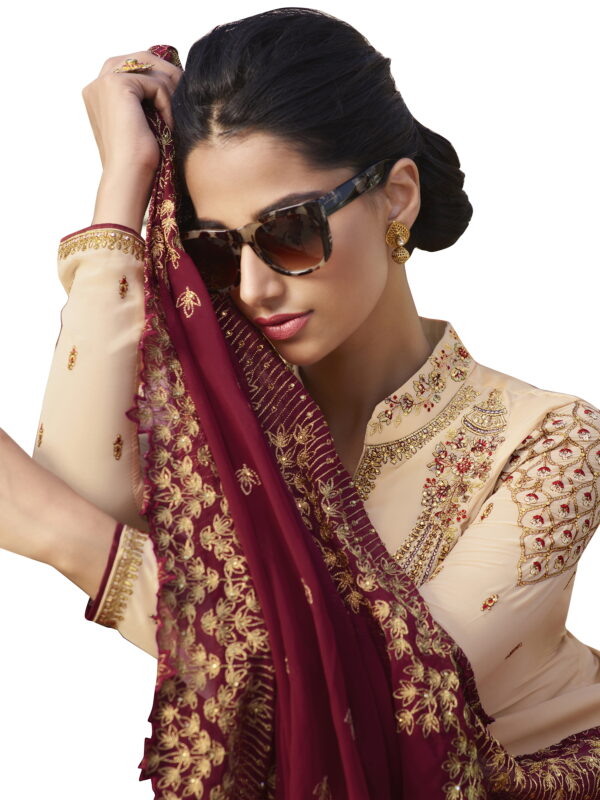 Stylee Lifestyle Beige Satin Embroidered Dress Material