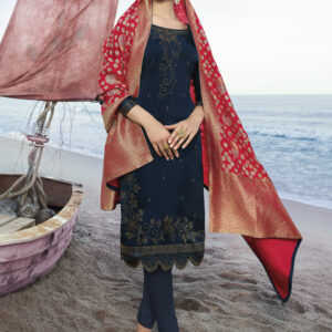 Stylee Lifestyle Navy Blue Satin Embroidered Dress Material