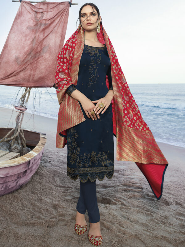 Stylee Lifestyle Navy Blue Satin Embroidered Dress Material