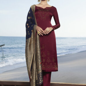 Stylee Lifestyle Maroon Satin Embroidered Dress Material