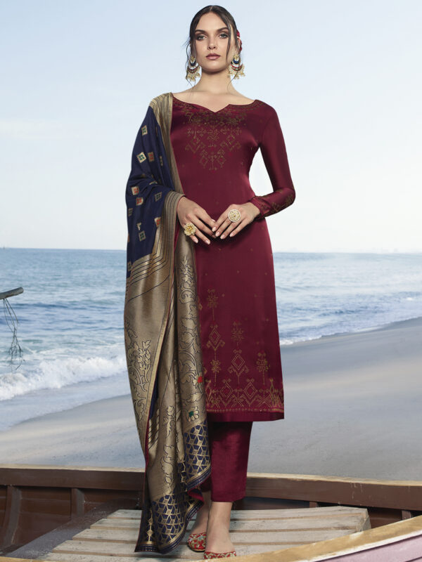 Stylee Lifestyle Maroon Satin Embroidered Dress Material