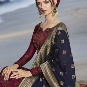 Stylee Lifestyle Maroon Satin Embroidered Dress Material